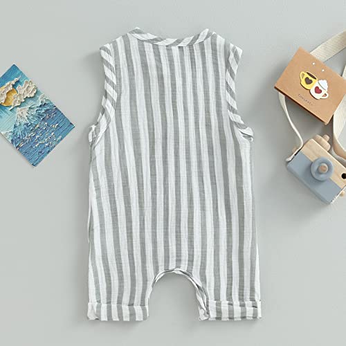 Infant Baby Boys Girls Cotton Linen Jumpsuits Sleeveless Button Down Striped Short Overalls Romper Summer Fall Outfits4