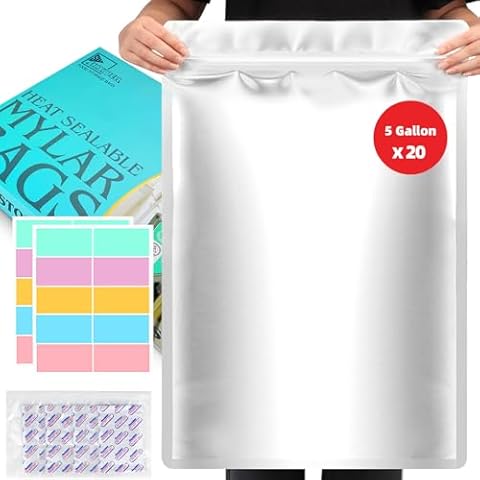 20PCS 5 Gallon Mylar Bags with 2500CC Oxygen Absorbers and Labels, Zipper Resealable Pouches Heat Sealable Bags for Long Term Food Storage Cover