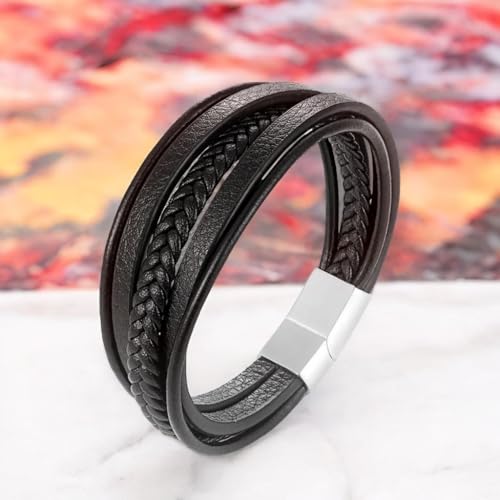 Image of Black Braided Leather Bracelet For Men