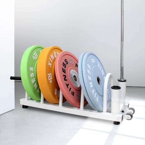 Barbell Plate Rack with Wheels and Handle, Steel Weight Plate Storage Stand, Multifunctional Weightlifting Gym Organizer.White,Size L