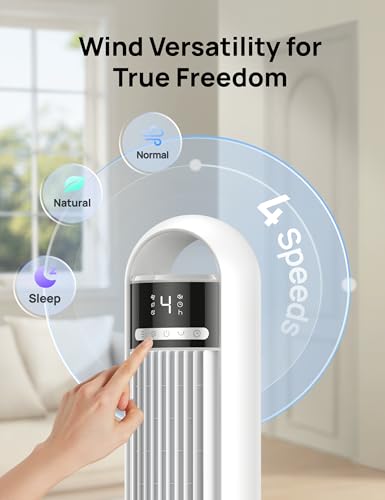 Image of DREO Tower Fan for Bedroom, 90 Oscillating Standing Fans for Room with 4 Speeds, 3 Modes, 28dB Quiet for Sleep, 26ft /s Velocity, 8H Timer, Remote, Living Room, Office, Home, White