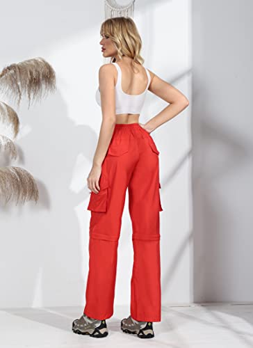 Women Casual Wide Leg Cargo Pants Convertible Zip Off Baggy Low Waist Sweatpants Cinch Joggers Hiking Trousers Red M #TOP5