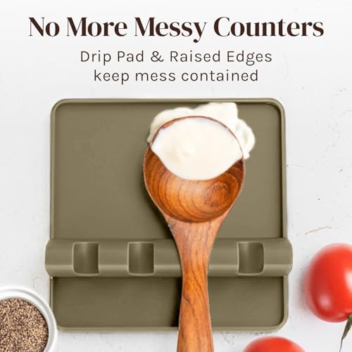 Image of Cooler Kitchen Stone Silicone Spoon Rest for Stove Top with Drip Pad (Two Pack) - Heat Resistant BPA Free Utensil Rest & Spoon Holder for Kitchen Counter - Grill Utensil Holder - Spatula Holder