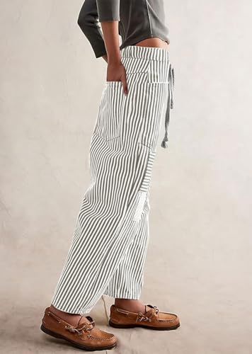 loveimgs Women Casual Boyfriend Barrel Stripe Pants Elastic Mid Rise Ankle Pants Patchwork Drawstring Pocket Wide Leg Trouser3