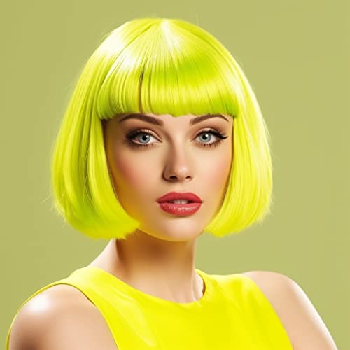 Image of LIULIUBTY Short Bob Hair Wigs Straight with Flat Bangs Synthetic Colorful Cosplay Daily Party Neon Wig for Women + Free Wig Cap 13 inch Natural As Real