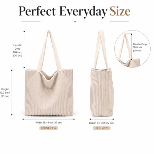Image of Kawn Korean Tote Bag Aesthetic Corduroy Canvas Handbag for Women Zipper Casual Large Capacity Shoulder Bag with Pockets Versatile Everyday use for College Work Travel & Shopping