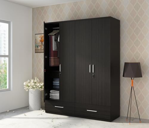 Image of Spacewood Linden Wardrobe | 3 Year Warranty | Almirah, Cupboard, Almari, 4 Door Wardrobe, 4 Drawer (2 Lock Drawer) and 2 Hanging Space & 1 Internal Locker |Engineered Wood| Natural Wenge