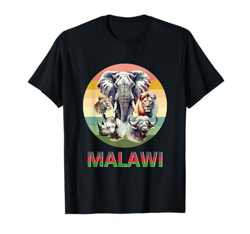 Malawi Big 5 Watercolor on Retro Sunset for Malawi Fans T-Shirt