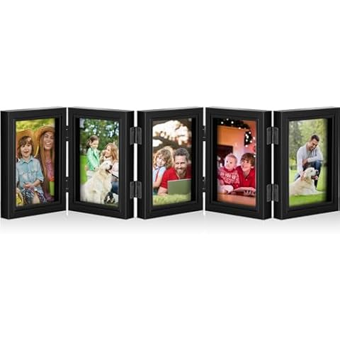 Suzile 5 Folding Hinged Picture Frame 3.5 x 5 Inches Foldable Photo Frame Family Picture Frame Multi Picture Frame Photo Collage Frame Rustic Desk Photo Frame for Family Birthday Anniversary, Black Cover