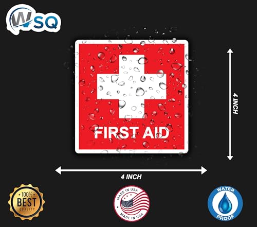 Image of WSQ First Aid Sticker Decal, Emergency 4 x 4 Inches, for Box, Emergency First Aid Kit Signs Water Resistance Multicolor Size 4 Inches 2 Pack