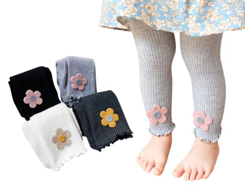 BGMINGYI Pack of 4 Baby Girls Cable Knit Footless Tights with Sun Flower Toddlers Ankle Length Cotton Ruffle Leggings (US, Age, 4 Years, 6 Years, 4 Packs(Black/White/Gray/Dark Gray))