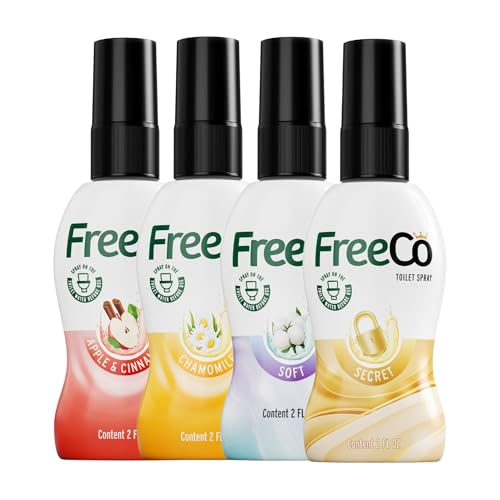 Freeco Spray WC Pre-Uso | Bloquea el Olor Antes de que Empiece con Aceites Esenciales | Hogar, Oficina y Viajes | Pack Variado 4x60ml: Manzanilla, Manzana y Canela, Secreto, Suave
