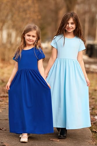 Image of Arshiner Girls Maxi Dress Long /Short Sleeve Casual Holiday Dress with Pockets for 5-13 Years