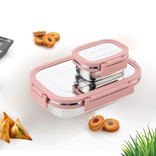 Image of BLLUEX Stainless Steel Tiffin Lunch Box with 4 Side Silicone Sleeve Clip Lock Lid, Food Storage Containers, Leak-Proof Bento Box Ideal for Work, School & Travel, 2 Containers (750ml and 250ml) - Pink