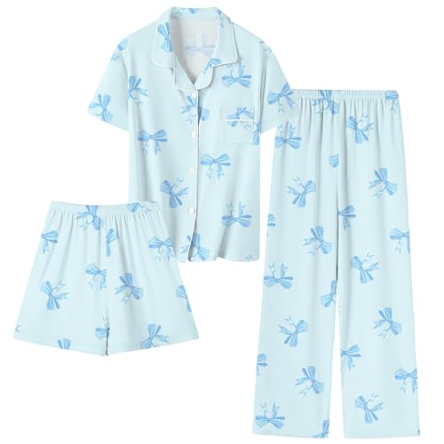 La mejor selección de Pijamas de una pieza para Niña los más solicitados. 46 Umeyda - Conjunto de pijama modal de 3 piezas para niñas con botones, ropa de dormir suave de manga corta, Azul (Blue Bow), 11-12 Años