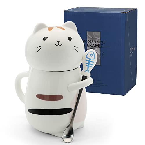 Asmwo Cute 3D Cat Mug Funny Ceramic Coffee Tea Mug with Lid and Stirring Spoon Novelty Birthday Christmas Thanks Giving Gift for Cat Lovers,White 14 oz-D