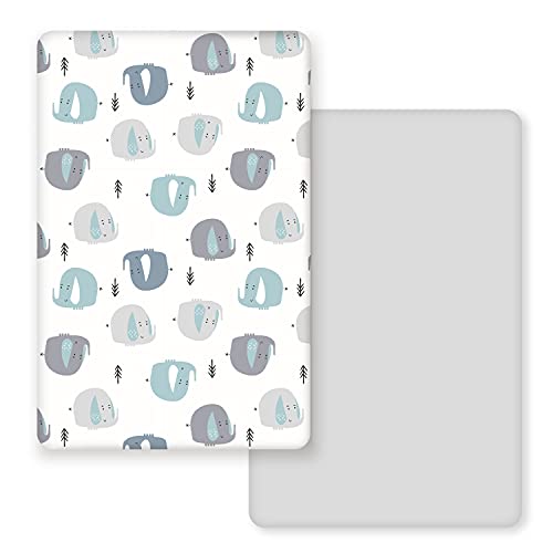 Image of GRSSDER Stretchy Ultra Soft Jersey Knit Fitted Pack n Play Sheets Set 2 Pack, Portable/Mini Cribs Playards Sheets with Deep Pocket, Cute Elephant for Girls and Boys