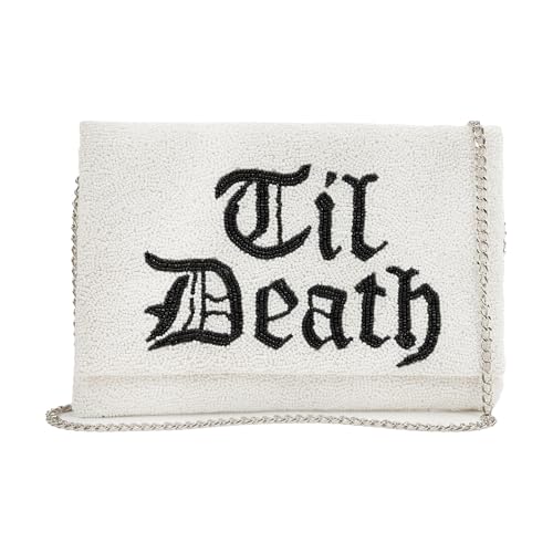 Pretty Robes TIL DEATH Beaded Clutch Purse for Wedding Day for Bachelorette Party Bridal Shower & Engagement Gifts for Bride To Be (White)