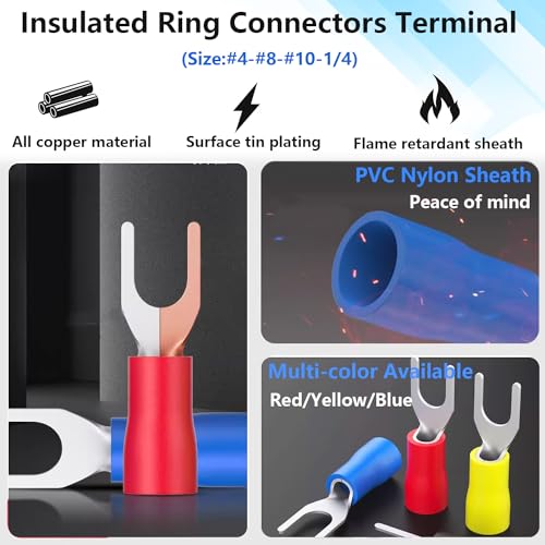 Smseace SM-04-2 200Pcs #4,#8,#10,1/4 Inch Fork Spade Connectors 22-16/16-14/12-10 Awg Fork Terminal Connectors Insulated Wire Fork Connectors U-Type Crimp Terminal Cnnectors thumb #3