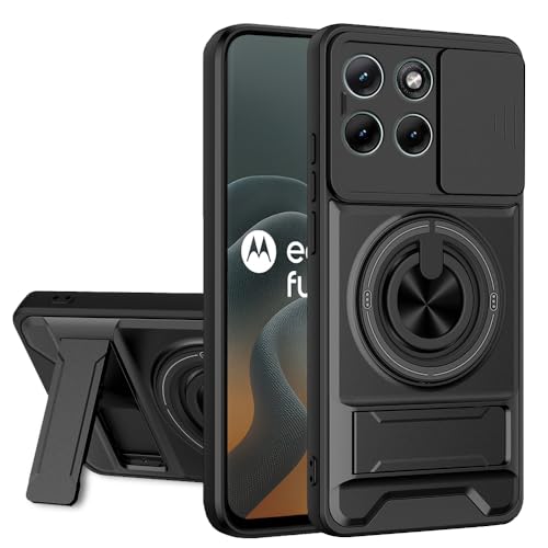 Image of AESTMO Moto Edge 70 Fusion 5G Back Cover | Armor Camera Slider 360 Degree Rotating Finger Ring Holder Case with Bracket Stand Back Case Cover (Compatible with MagSafe Accessories) (Black)