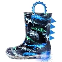 HugRain Toddler Boys Rain Boots Little Kids Baby child Light Up Waterproof Rubber Shoes Printed Mud Lightweight Adorable with Easy-On Handles Non Slip Sole Dinosaur Black Blue Size 8