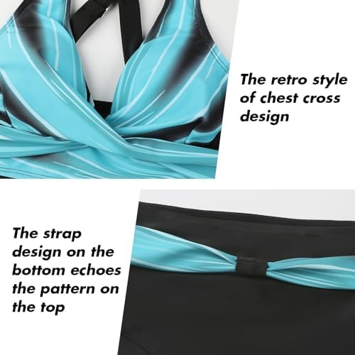 SEAFORM Womens Two Piece Swimsuits Wrap Front Bikini High Waisted Bottom Tummy Control Bathing Suits Vintage Print Swimwear, Blue Stripes, Large - 2