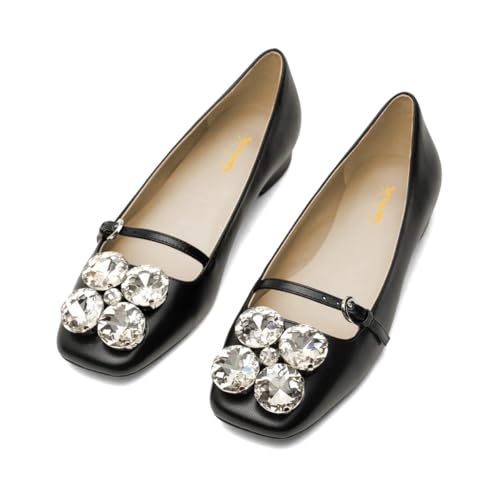 XYD Women Square Toe Mary Jane Flats Dazzled Rhinestones Crystals Buckled Slender Strap Casual Dress Shoes3