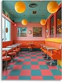 Bathroom Wall Art Classic 1950s diner retro interior photography nostalgic brightly Pictures Wall Decor Framed Canvas Wall Art for Bedroom Artwork Paintings Living Room Kitchen Farmhouse 16x20