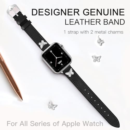 Image of JR.DM Slim Leather Bands Compatible with Apple Watch Band 38mm 40mm 41mm 42mm 44mm 45mm 46mm 49mm, Genuine Leather Band with Charms, Feminine Design for Iwatch Ultra SE Series 11 10 9 8 7 6 5 4 3 2 1