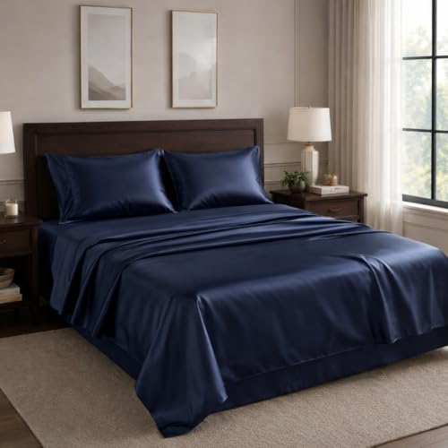 Image of Egyptian Cotton Feel Double Size Flat Bedsheet with 2 Pillow Covers | 800 TC Soft & Breathable | Navy Blue Solid Pattern for Bedrooms and Hotels Use (Size: 60 x 100 Inch)