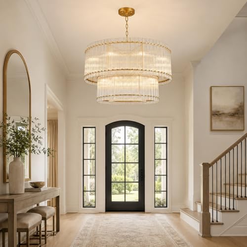 Image of 48-Inch Ripple Glass Chandelier, 3-Tier 20-Light Large Brass Round Chandelier for Dining Rooms, Living Rooms, Foyers, Staircases, Open-Concept Spaces & High Ceilings