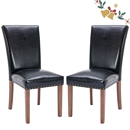 Image of Parsons Dining Chairs Set of 2, Upholstered Nailhead PU Leather Dining Room Kitchen Side Chair with Thick Cushions and Wood Legs, Black