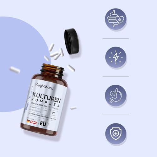 Kulturen Komplex mit 60 Mrd. KBE - 20 Bakterienstämme und Bio Inulin -120 vegane Kapseln - Bakterienkulturen mit Bifidobacterium, Lactobacillus Gasseri & Reuteri - 2 Monate Vorrat - WeightWorld