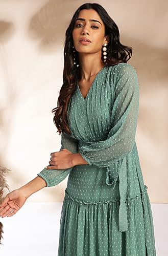 Image of Janasya Women's Dobby Chiffon Woven Design Tiered Dress