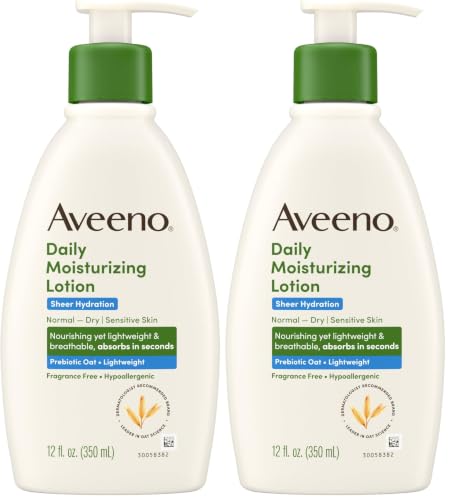 Aveeno Sheer Hydration Daily Moisturizing Fragrance-Free Lotion with Nourishing Prebiotic Oat, Fast-Absorbing Body Moisturizer for Dry Skin with Lightweight, Breathable Feel, 12 fl. oz (Pack of 2)