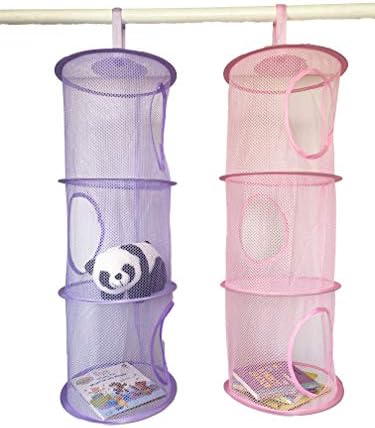 Goldenvalueable Hanging Mesh Space Saver Bags Organizer 3 Compartments Toy Storage Basket for Kids Room organization mesh hanging bag 2 Pcs Set, Pink and Purple