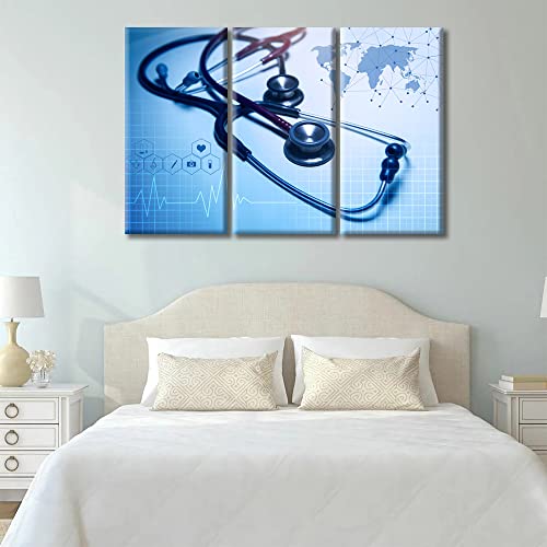 Image of TUMOVO Medical background Artwork Wall Art for Living Room 3 Piece Stethoscope Poster Wall Decor for Bedroom Medical Contemporary Home Decor Framed Ready to Hang, 60 inch Wx40 H