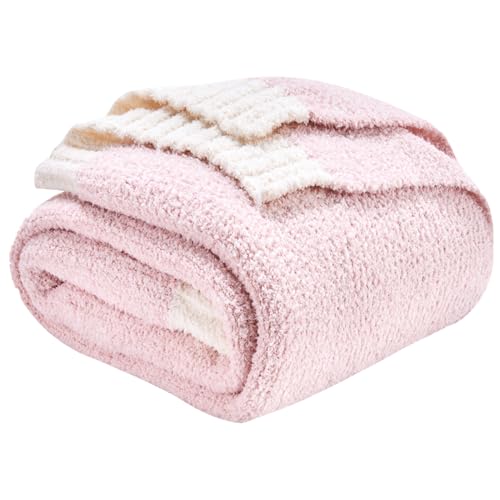 CozeCube Super Soft Fullfy Microfiber Reversible Knitted Blankets, Warm Cozy Fuzzy Plush Throw, Pink and White Melange Throw Blanket for Couch Bed Sofa, 60" x 80"