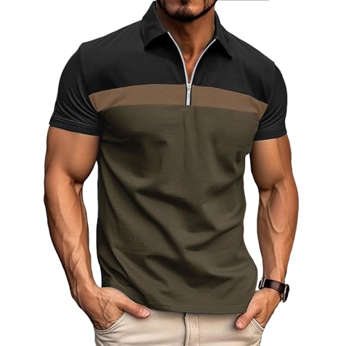 Ryehack Polo Homme Manches Courtes à Col Zippé, Raglan en Coton Tee Shirt pour Golf et Rugby, Noir+Vert, XXL