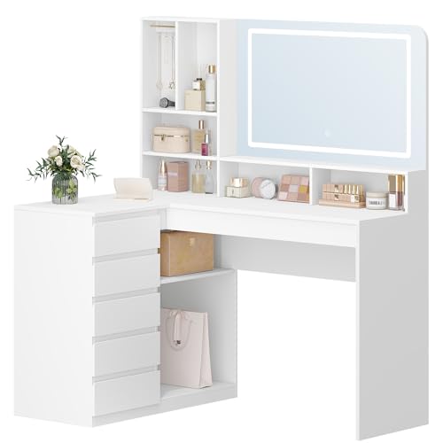 Hzuaneri Coiffeuse avec Grand Miroir, avec éclairage LED, Coiffeuse d'angle en L, avec 5 Tiroirs et 7 Compartiments Ouverts, Crochets pour Colliers, Chambre à Coucher, Blanc DT42503XEU