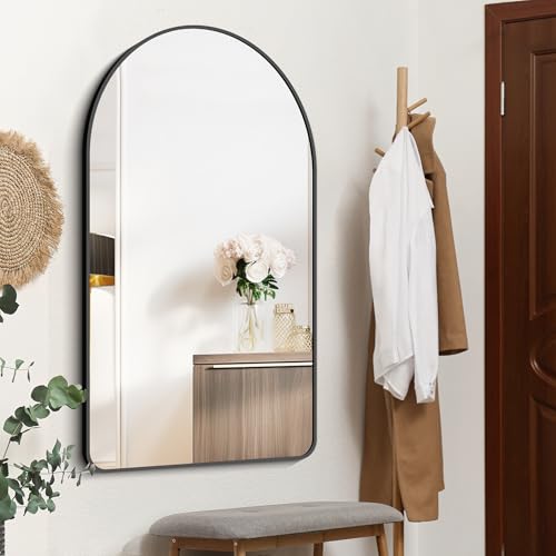 Image of FORBATH Arched Mirror 30x50 Inch, Black Bathroom Mirror Wall Mounted Modern Black Aluminum Alloy Frame Decor Large Dresser Mirror for Bedroom Living Room Entryway, Hanging or Leaning Against Wall