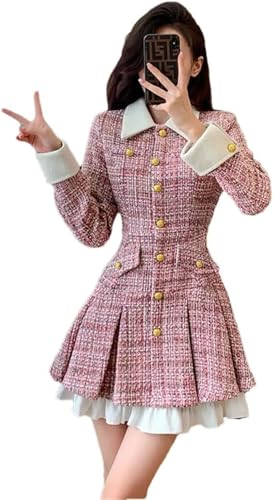 Yancremio Elegantes Klassisches Tweed Rüschenkleid Für Damen Im Französischen Stil Mode Kleid Mit Revers Knöpfen Und Farbblockdesign Süßes...