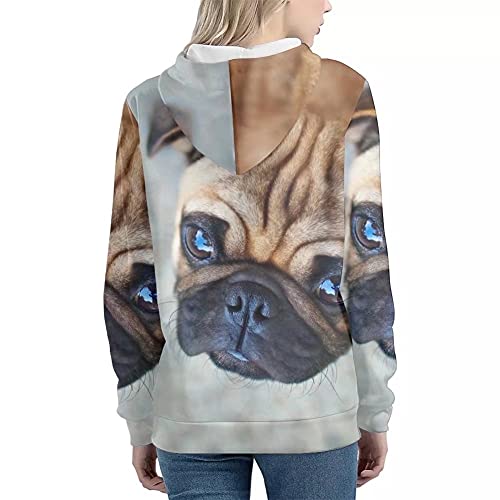 Cumagical Damen-Kapuzenpullover mit Tierdruck, Kordelzug, lässiger Pullover mit Taschen, Mops, XXL