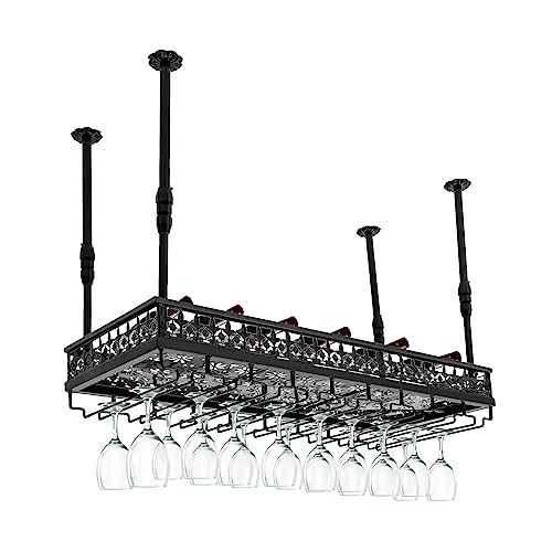 Rustic Ceiling Wine Glass Rack Wall-Mounted Wine Glass Bottle Holder Height Adjustable Hanging Wine Racks Cabinet Industrial Bar Floating Shelf for Home Bar Cafe Kitchen Restaurant Display (Black)