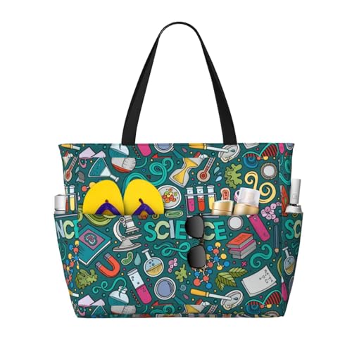Cartoon Science Theme Print Beach Tote Large Capacity Beach Travel Bag Waterproof Sandproof And Lightweight