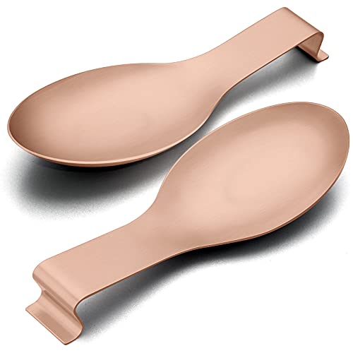 Spoon Rest Set of 2, E-far Stainless Steel Rose Gold Spoon Ladle Holder, Metal Copper Spatula Rest for Kitchen Stove Top, Large Size & Dishwasher Safe