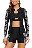 SHEKINI Damen Rash Guard 3-teiliger Langarm Schwimmanzug Schwimmshirt mit Reißverschluss Sonnenschutz Bademode Badeanzüge Bikini Top Badeshorts