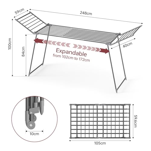 SYKIARIOL Clothes Airer, Winged Clothes Drying Rack, Foldable Drying Rack Laundry Indoor, Space Saving Outdoor Clothes Dryer, Airers Clothes Indoor Foldable for Towels (Grey, 248 * 59 * 100cm) - Image 2