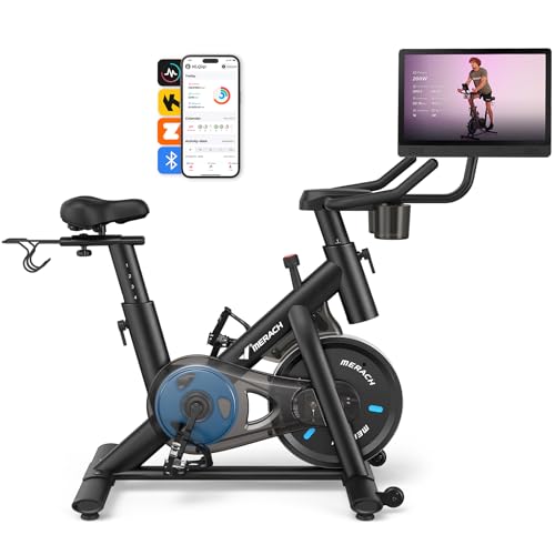 Merach Exercise Bike, Magnetic Stationary Bike with 15.6"HD Screen, Low Noise Indoor Cycling Bike with 300lbs Weight Capacity, Comfortable Bike Seat, Tablet Mount and Fitness Courses for Weight Loss Merach Exercise Bike, Magnetic Stationary Bike with 15.6"HD Screen, Low Noise Indoor Cycling Bike with 300lbs Weight Capacity, Comfortable Bike Seat, Tablet Mount and Fitness Courses for Weight Loss