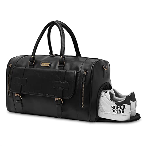 Image of Fur Jaden Weekender Premium Duffle Bag with Shoe Pocket for Travel for Men and Women Made of Faux Leather with Attachable Shoulder Strap Cabin Holiday Bag (Black)